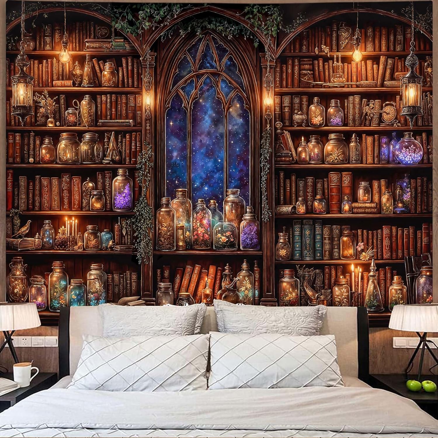 Aesthetic Tapestry - Fantasy Bookshelf Tapestry Medieval Fairy Plant