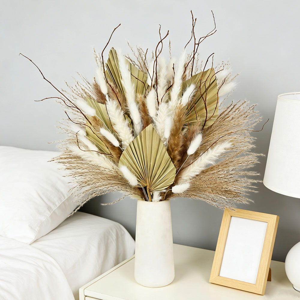 Home Decor Vase With Flowers - Natural Dried Palm Leaves Bouquet Mix