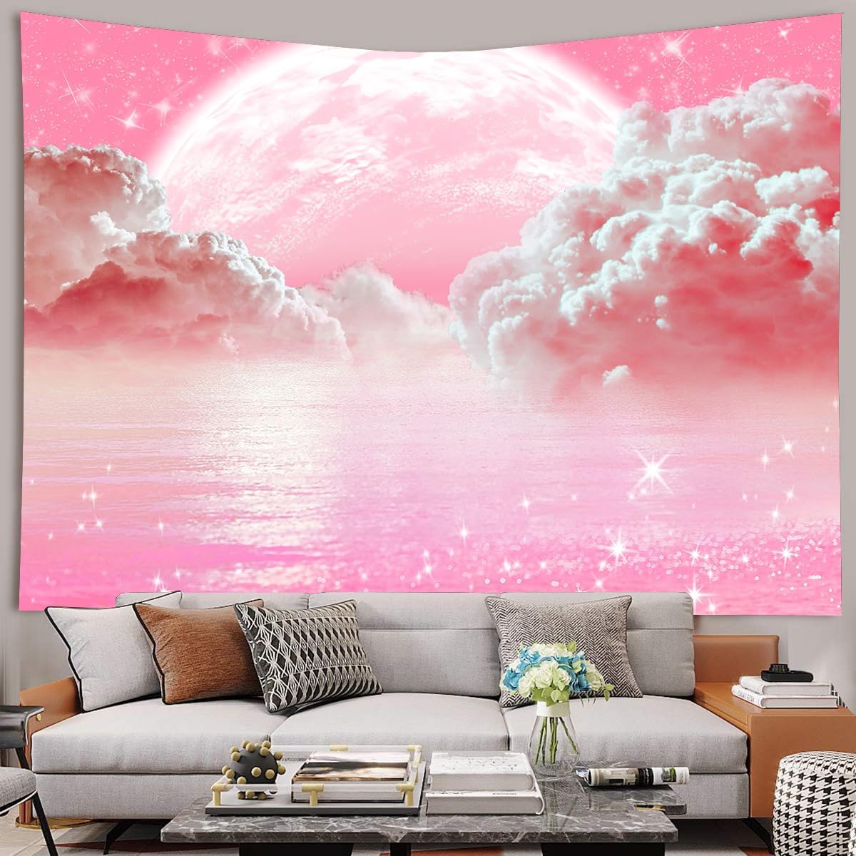 Pink Clouds Sky Tapestry Ocean - Aesthetic Tapestry 评论和价格